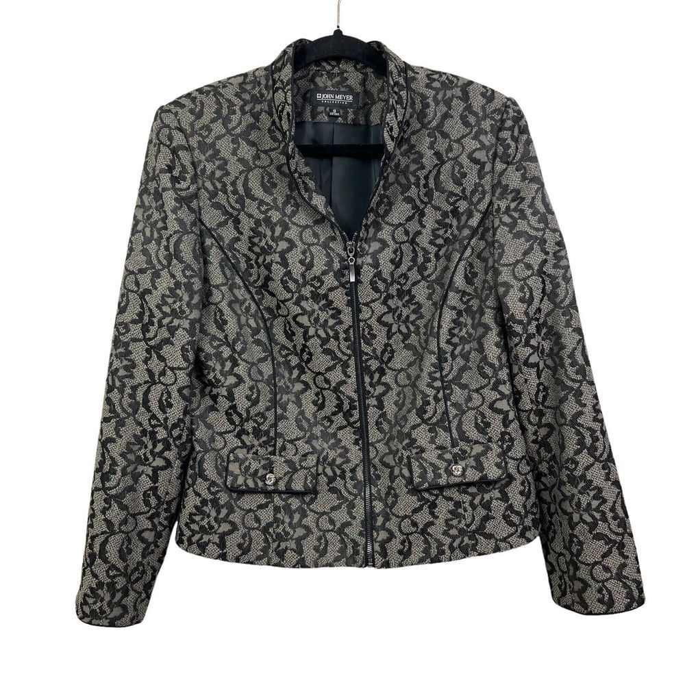 John Meyer Embroidered Blazer Floral Full Zip Lined Black Green Women Size 10*